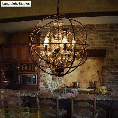 Rustic black wrought-iron crystal chandelier with orb and crystal prisms for dining room on Tampa Home & Garden Store