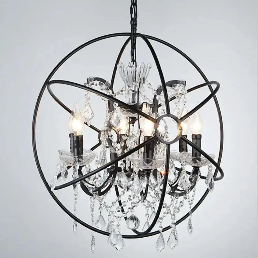 Rustic black wrought-iron crystal chandelier with an orb frame and hanging prisms on Tampa Home & Garden Store