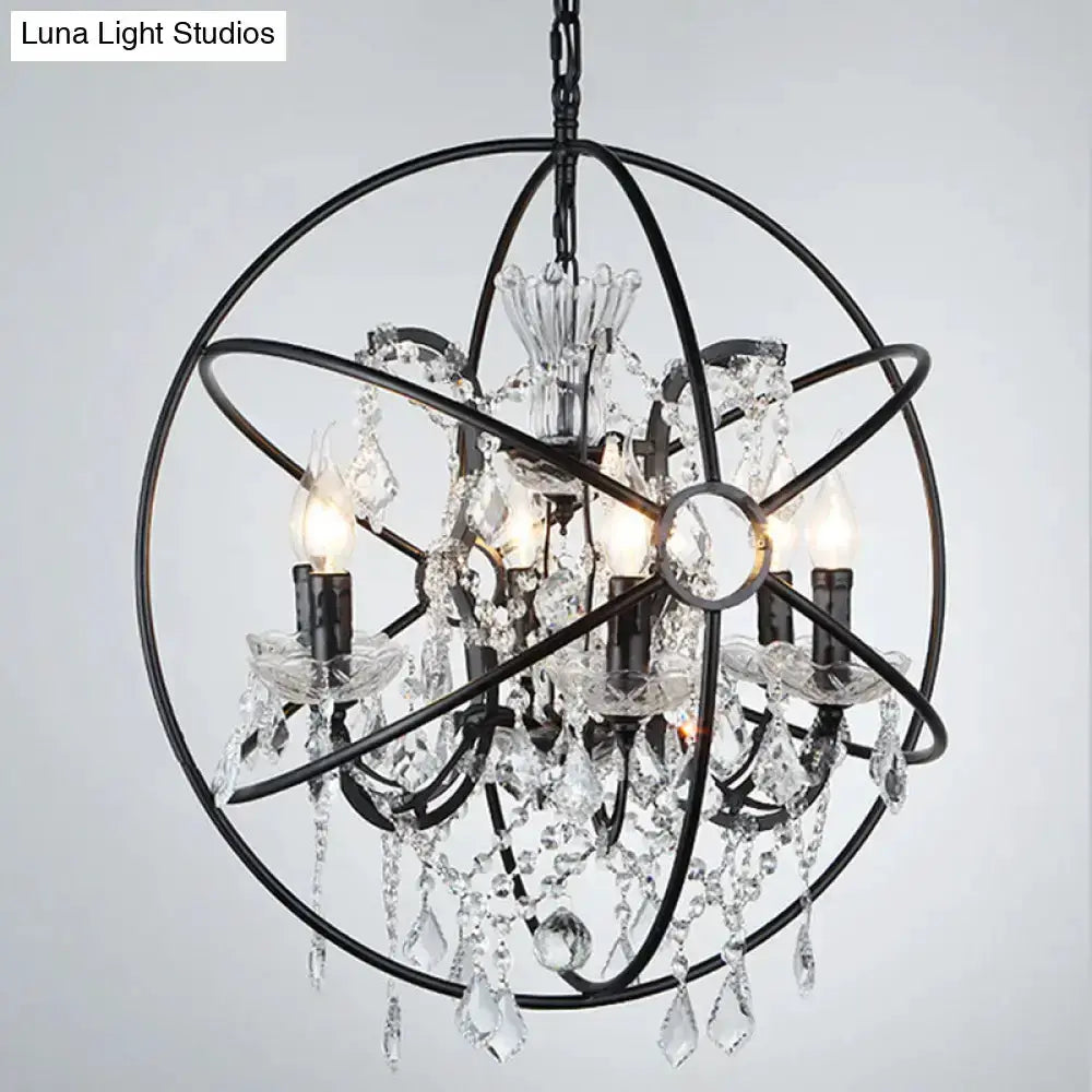 Rustic black wrought-iron crystal chandelier dining room pendant, orb-frame design, Decorbites on Tampa Home & Garden Store