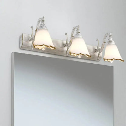 White Glass Vanity Light by Decorbites, three-light fixture with frosted shades on Tampa Home & Garden Store