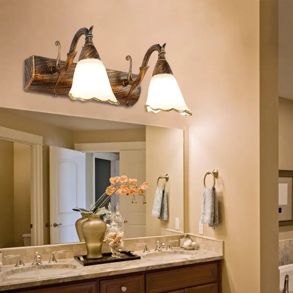 White Glass Vanity Light by Decorbites, bronze-finished backplate with dual frosted glass shades on Tampa Home & Garden Store
