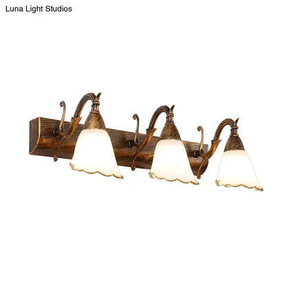 White Glass Vanity Light by Decorbites with four scalloped shades on a rustic wood backplate on Tampa Home & Garden Store