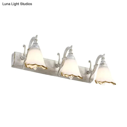 White glass vanity light fixture with three bell shades, antique silver finish Decorbites on Tampa Home & Garden Store