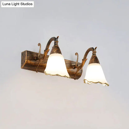 White Glass Vanity Light, 2-light rustic fixture with wood backplate and frosted glass shades on Tampa Home & Garden Store