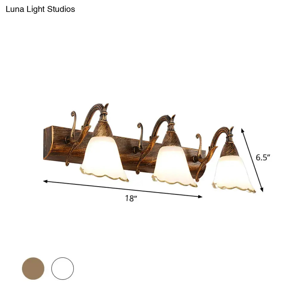 White Glass Vanity Light Decorbites, 3-light fixture with wood backplate and bronze arms on Tampa Home & Garden Store