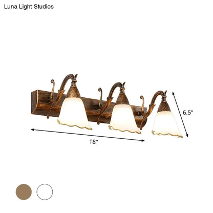 White Glass Vanity Light Decorbites, 3-light fixture with wood backplate and bronze arms on Tampa Home & Garden Store