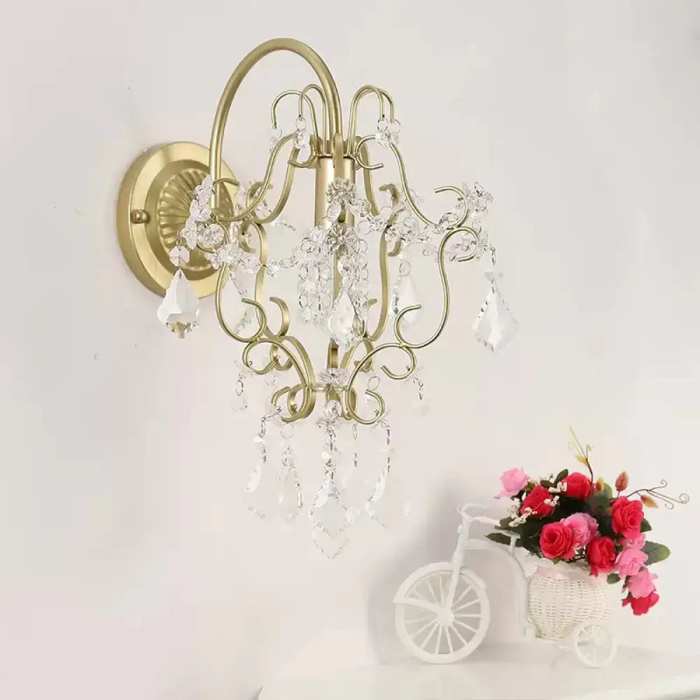 Gold Crystal Bent Arm Sconce brass wall light with crystal prisms by Decorbites on Tampa Home & Garden Store