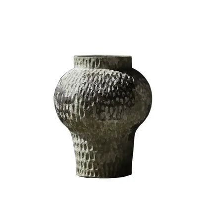 Rustic gray and white coarse pottery vase with hammered texture Decorbites living room decor on Tampa Home & Garden Store