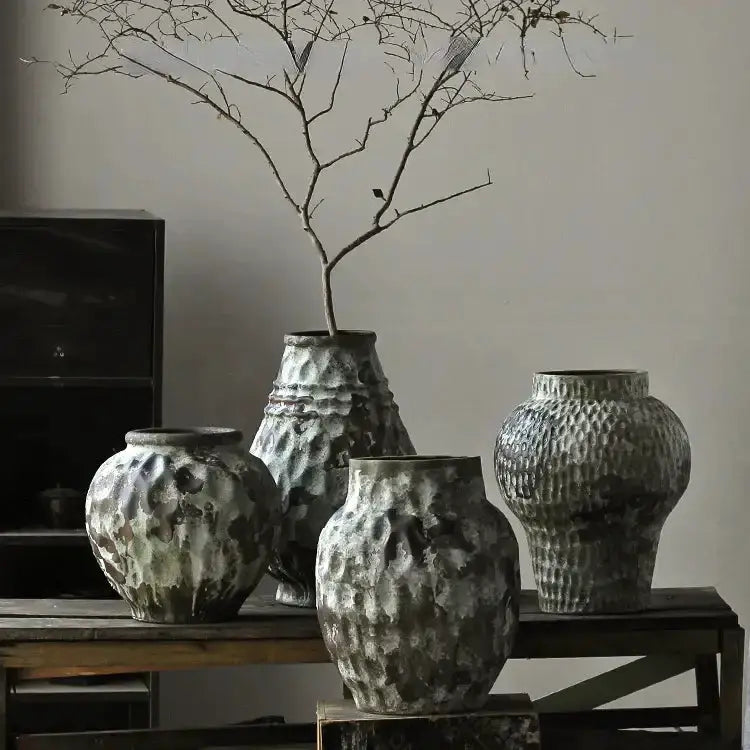 Rustic gray and white coarse pottery vases set of five with textured surfaces by Decorbites on Tampa Home & Garden Store