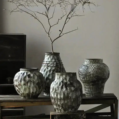 Rustic gray and white coarse pottery vases set of five with textured surfaces by Decorbites on Tampa Home & Garden Store