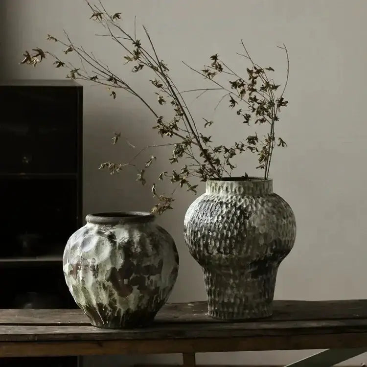 Rustic gray and white coarse pottery vases (set of 2) with textured surfaces, Decorbites on Tampa Home & Garden Store
