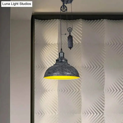 Rustic industrial copper dome pendant light with pulley, dark textured metal and warm yellow glow on Tampa Home & Garden Store