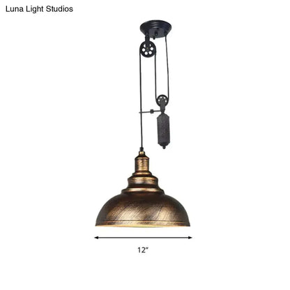 Rustic industrial copper dome pendant with pulley, 12in wide living room light on Tampa Home & Garden Store