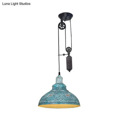 Rustic industrial copper dome pendant with pulley light, teal patina finish, Decorbites on Tampa Home & Garden Store