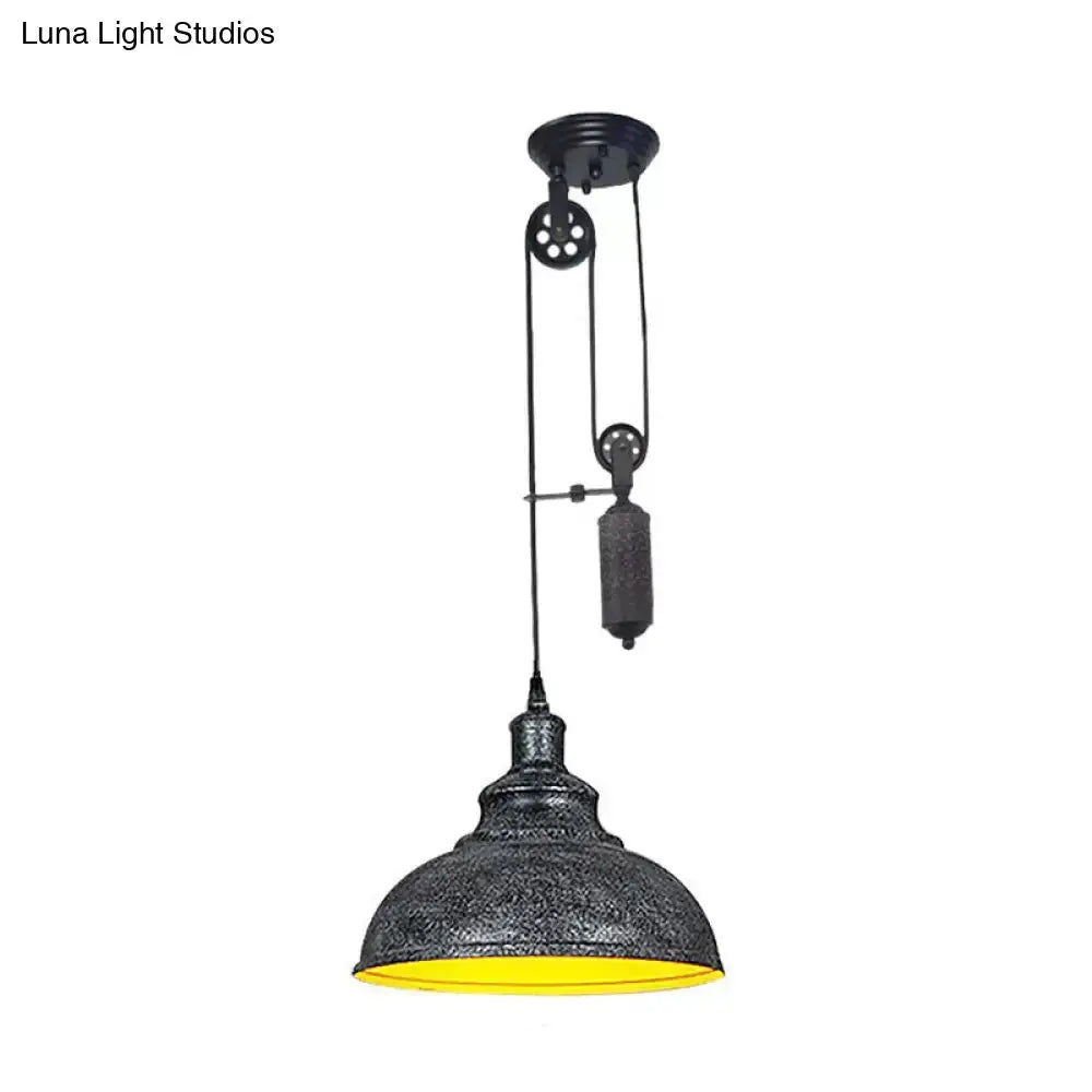 Decorbites rustic industrial copper dome pendant with pulley, dark exterior, yellow interior on Tampa Home & Garden Store