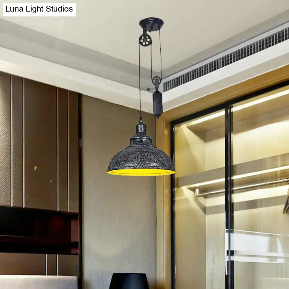 Rustic industrial copper dome pendant light with pulley, black hardware on Tampa Home & Garden Store