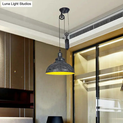 Rustic industrial copper dome pendant light with pulley, black hardware on Tampa Home & Garden Store