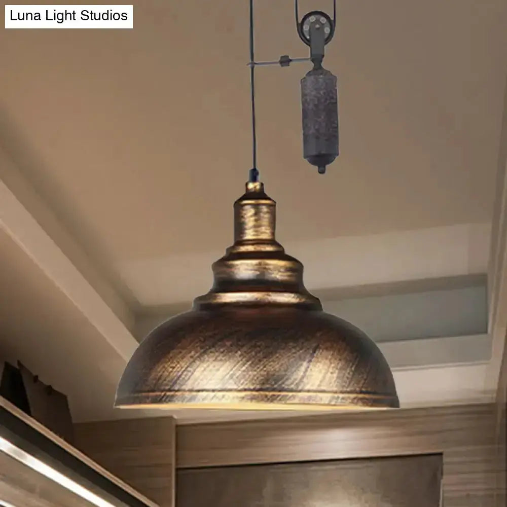 Rustic copper dome pendant light with pulley, industrial living room fixture on Tampa Home & Garden Store