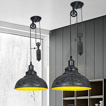 Rustic copper dome pendant lights by Decorbites with pulleys, yellow interior, industrial metal pair on Tampa Home & Garden Store