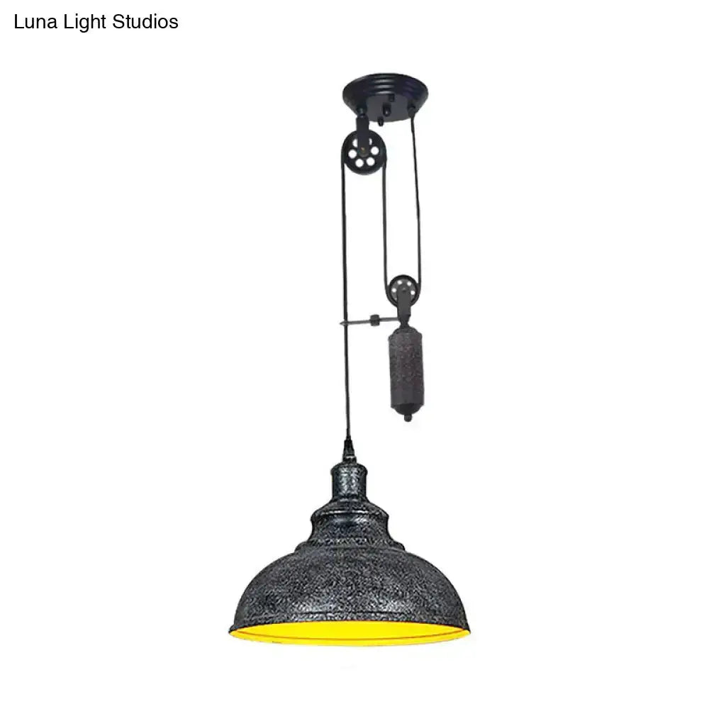 Rustic industrial copper dome pendant light with pulley, dark finish, yellow interior on Tampa Home & Garden Store