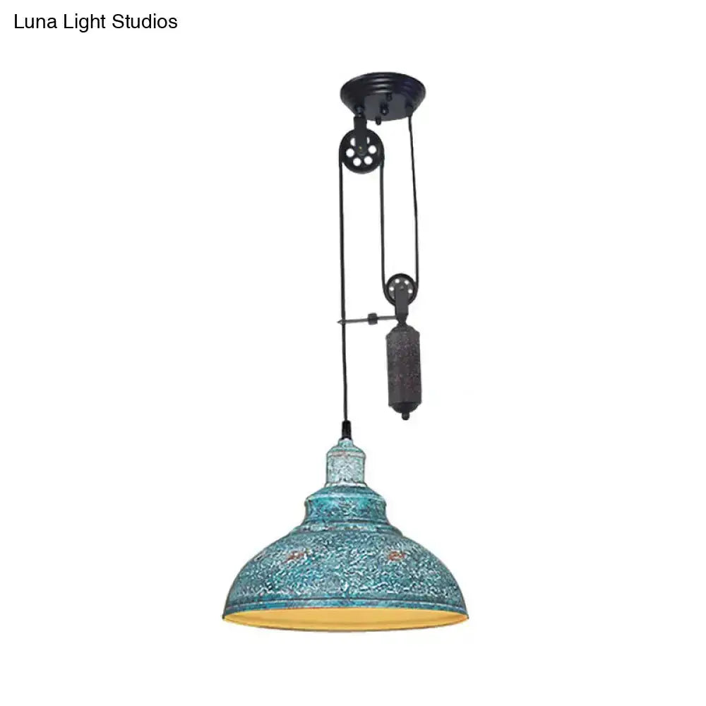 Rustic industrial copper dome pendant light with pulley and teal patina finish on Tampa Home & Garden Store