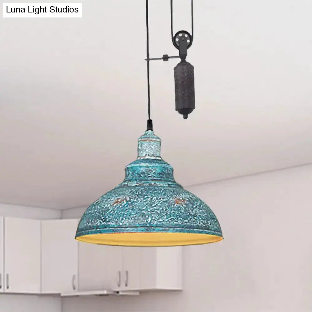 Rustic industrial copper dome pendant with pulley light, teal hammered finish Decorbites on Tampa Home & Garden Store