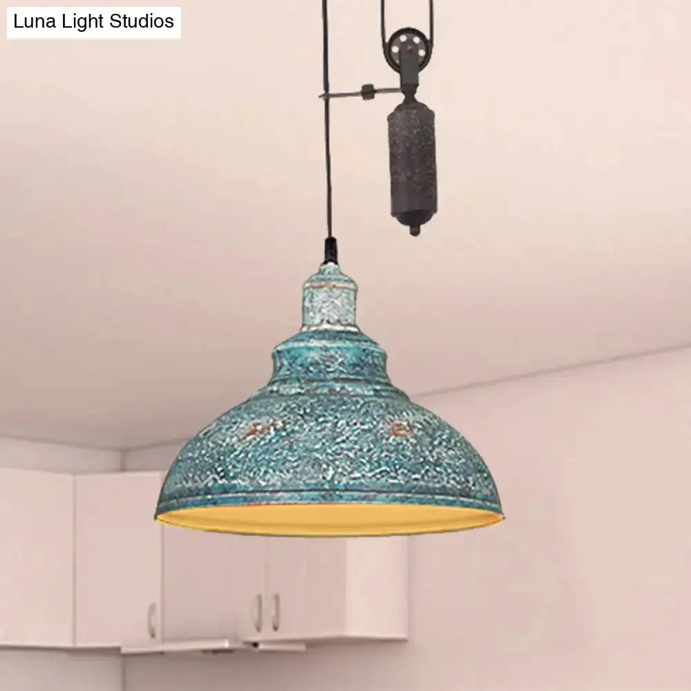 Rustic industrial copper dome pendant with pulley in teal patina, gold interior Decorbites on Tampa Home & Garden Store