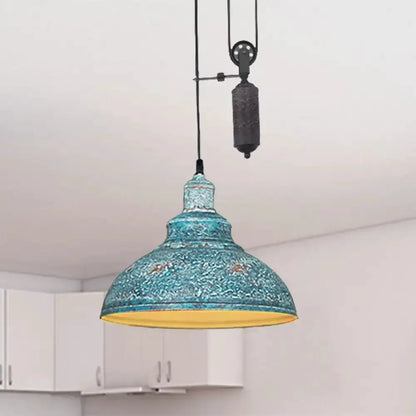 Teal copper dome pendant with pulley lighting, Decorbites rustic industrial hanging lamp on Tampa Home & Garden Store