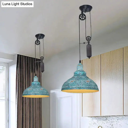 Rustic copper dome pendant lights with pulleys, teal patina, 2-pack for living room on Tampa Home & Garden Store