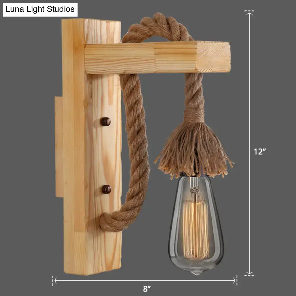 Rustic red wooden wall light with rope and exposed Edison bulb, farmhouse sconce 12in tall on Tampa Home & Garden Store