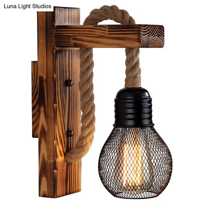Rustic red wooden wall light with rope hanger and black mesh bulb cage, E26/E27 compatible on Tampa Home & Garden Store