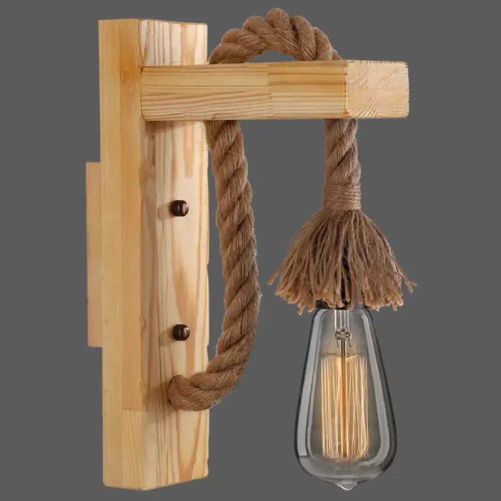 Rustic wooden wall sconce with rope-wrapped arm and exposed Edison bulb E26/E27 on Tampa Home & Garden Store