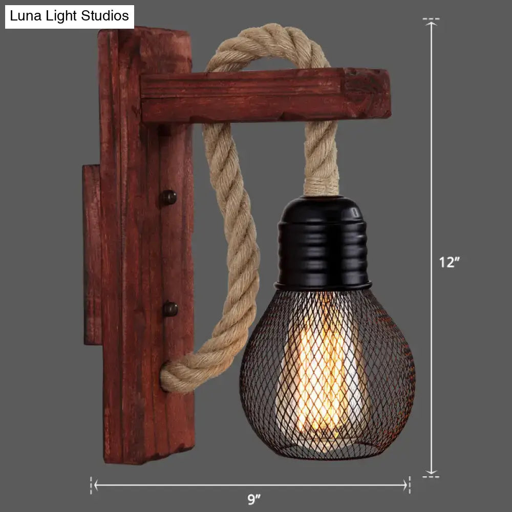 Rustic red wooden wall light with rope and wire mesh bulb guard, farmhouse style E26/E27 on Tampa Home & Garden Store