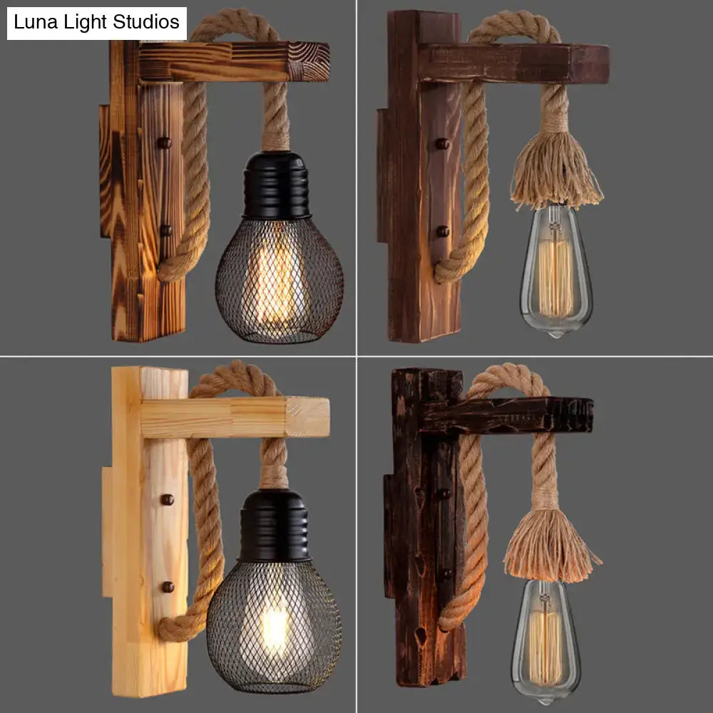 Rustic wooden wall light with rope and mesh bulb cage, e26/e27 sockets, 4 finishes on Tampa Home & Garden Store