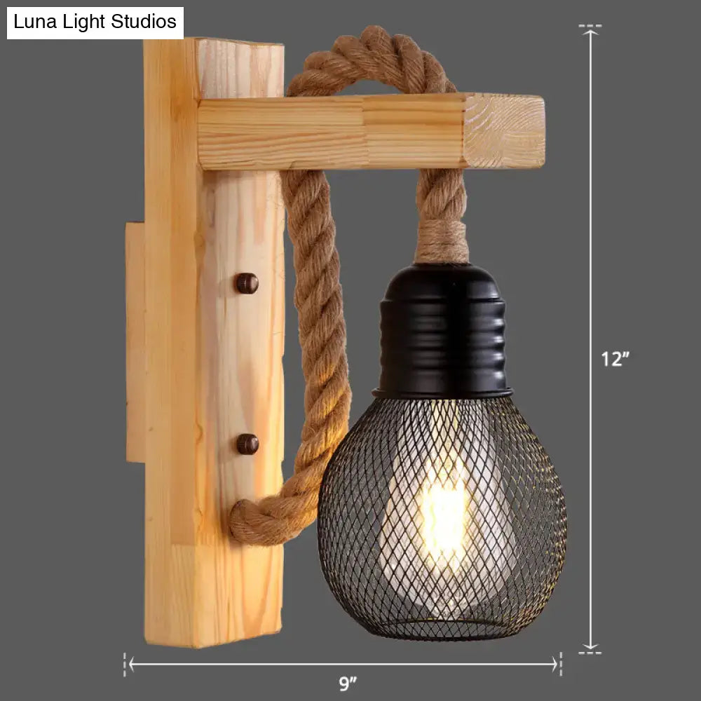 Rustic red wooden wall light with rope and black mesh shade, farmhouse bedroom fixture on Tampa Home & Garden Store