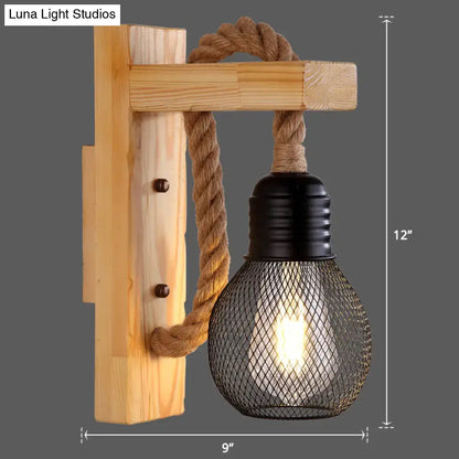 Rustic red wooden wall light with rope and black mesh shade, farmhouse bedroom fixture on Tampa Home & Garden Store