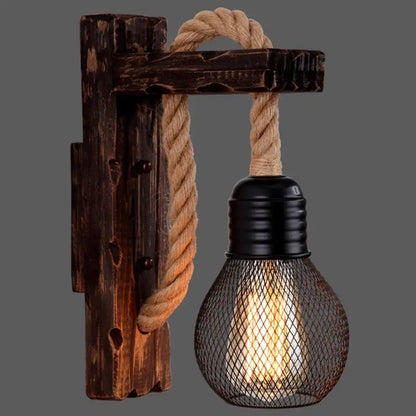 Rustic red wood wall light sconce with rope hanger and black wire cage bulb Decorbites on Tampa Home & Garden Store