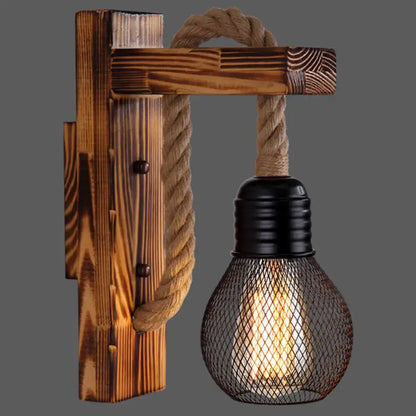 Rustic red wooden wall light with rope by Decorbites, farmhouse style with mesh bulb guard on Tampa Home & Garden Store