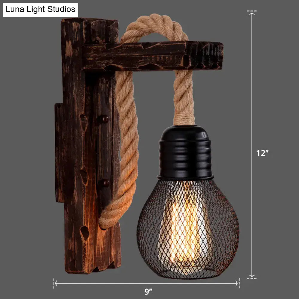 Rustic red wooden wall light with rope, industrial mesh bulb guard, E26/E27 base Decorbites on Tampa Home & Garden Store