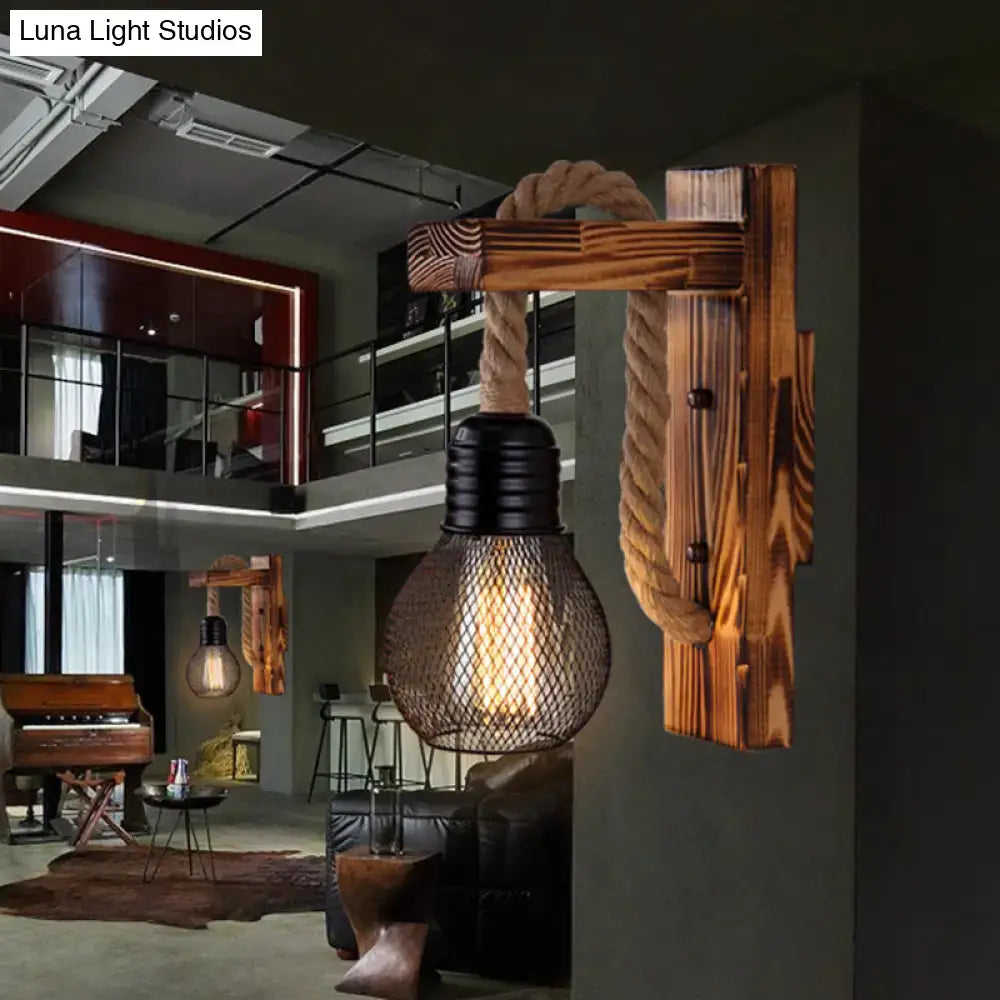 Rustic red wooden wall light with rope and industrial mesh shade farmhouse sconce on Tampa Home & Garden Store