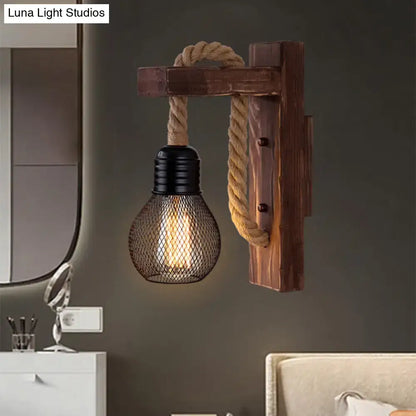 Rustic red wooden wall light with rope and wire mesh bulb, farmhouse decor Decorbites on Tampa Home & Garden Store