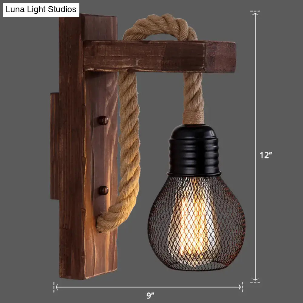 Rustic red wooden wall light with rope sconce, black mesh shade, Edison bulb Decorbites on Tampa Home & Garden Store