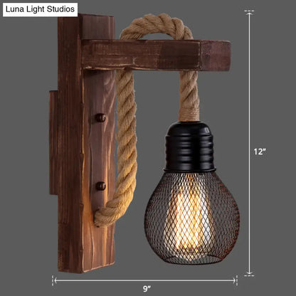 Rustic red wooden wall light with rope sconce, black mesh shade, Edison bulb Decorbites on Tampa Home & Garden Store