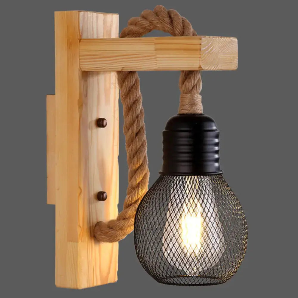 Rustic wooden wall light with rope, black metal mesh shade, Decorbites on Tampa Home & Garden Store
