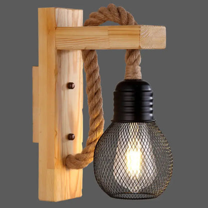 Rustic wooden wall light with rope, black metal mesh shade, Decorbites on Tampa Home & Garden Store