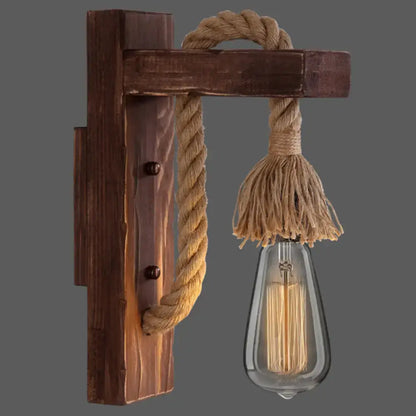 Rustic red wooden wall light with rope, vintage Edison bulb, Decorbites farmhouse decor on Tampa Home & Garden Store