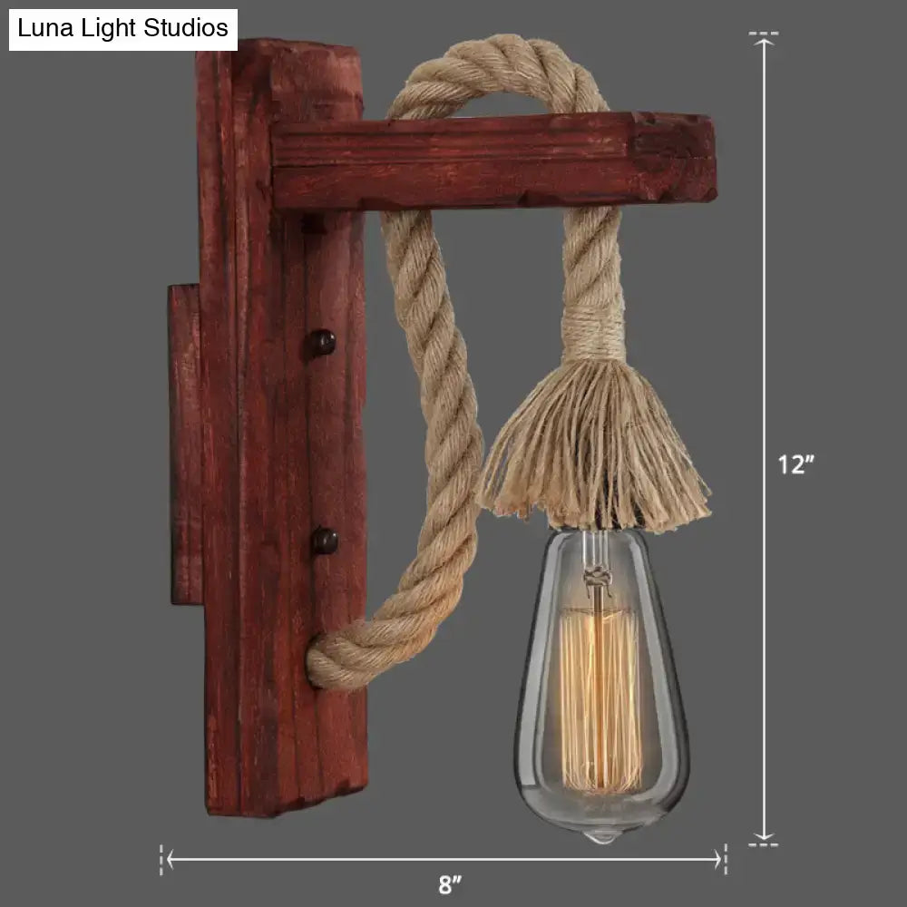 Rustic red wooden wall light sconce with rope and Edison bulb 8in wide 12in tall Decorbites on Tampa Home & Garden Store
