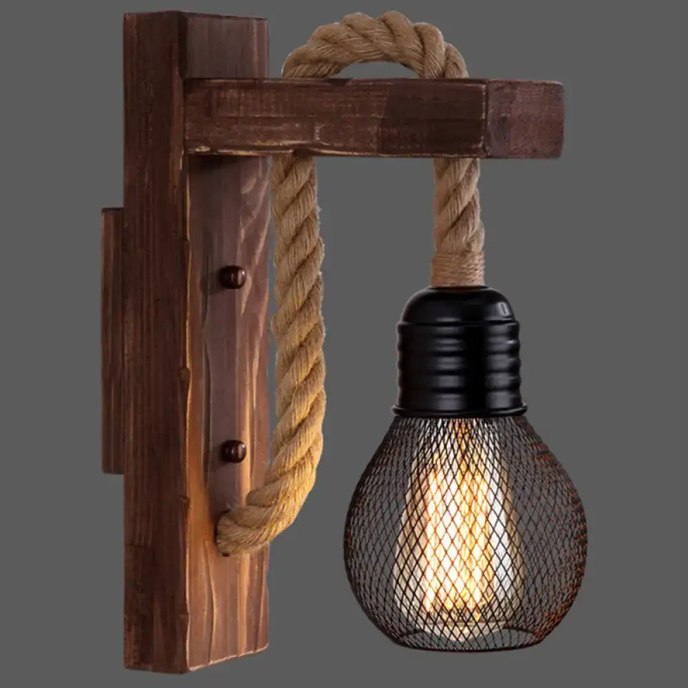 Rustic red wooden wall light with rope and black mesh bulb cage for farmhouse bedroom on Tampa Home & Garden Store