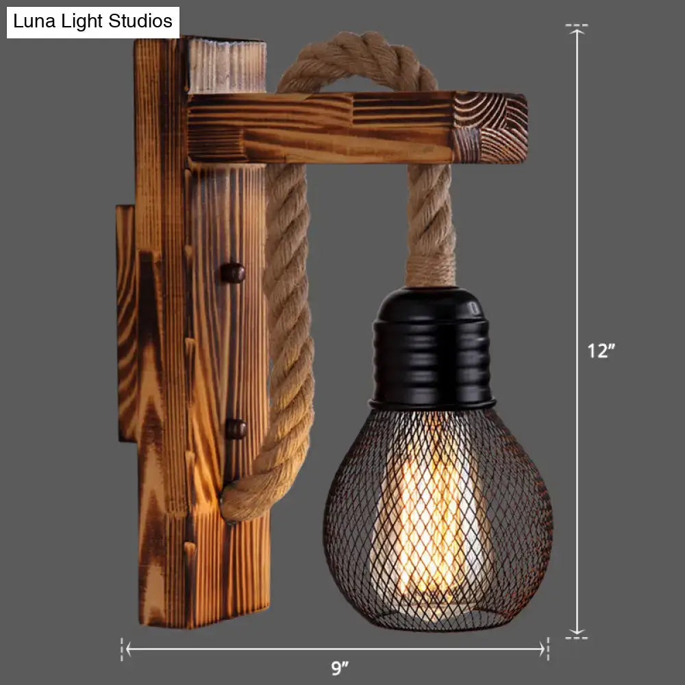 Rustic red wooden wall sconce with rope hanger and black mesh shade Decorbites on Tampa Home & Garden Store