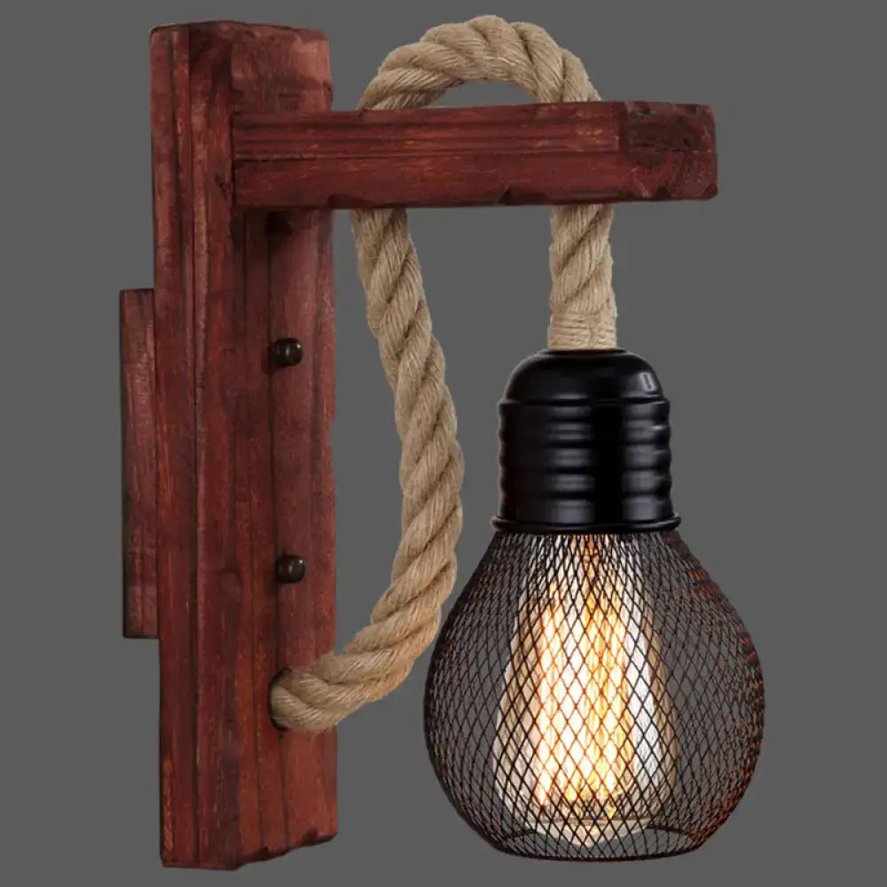 Rustic red wooden wall light with thick rope and metal mesh shade, E26/E27 socket on Tampa Home & Garden Store